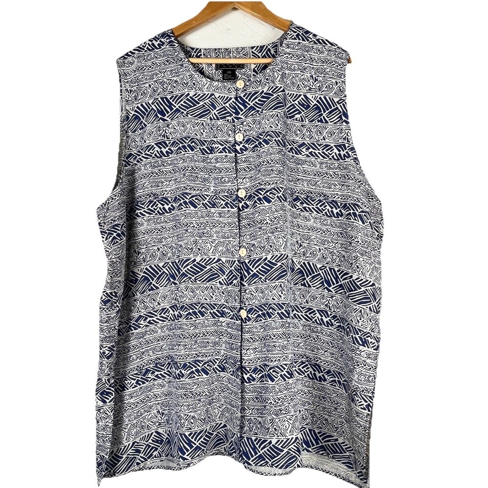 Bogari Woman 100% Silk Sleeveless Tunic Top Blue White Tribal Print Size 24W - Picture 2 of 13